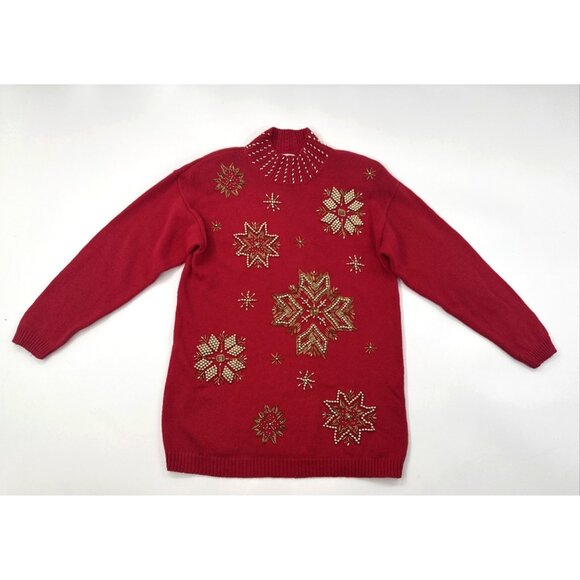 Victoria Jones Sweater Womens Medium Red Christmas Gold Snowflakes Tunic Beaded - Picture 12 of 12